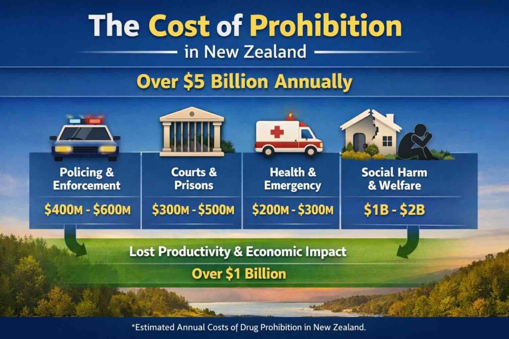 the-cost-of-prohibition-in-new-zealand The Cost of Prohibition: Policing and enforcement, $500-600m Courts and Prisons $300-500m Health and Emergency $200-300m Social Harm and Welfare $1-2b Lost productivity and output over $1b Often estiamted total over $5b